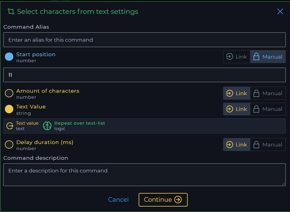 Select characters from text settings