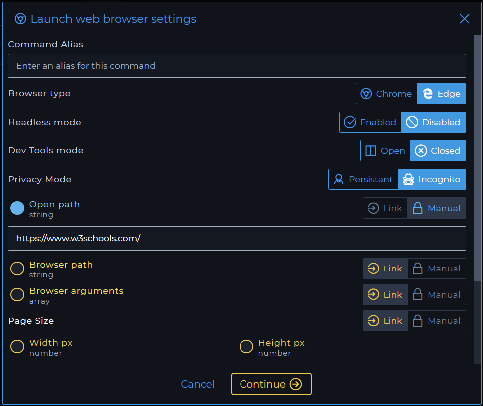 Launch web browser Settings